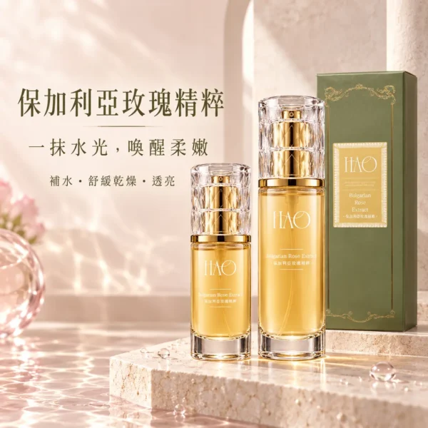 HAO 保加利亞玫瑰精粹商品主視覺，呈現精華瓶與綠色外盒