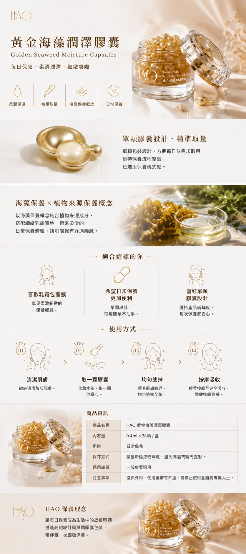 HAO 黃金海藻潤澤膠囊商品介紹,展示單顆膠囊設計、日常保養概念、使用方式與商品規格。