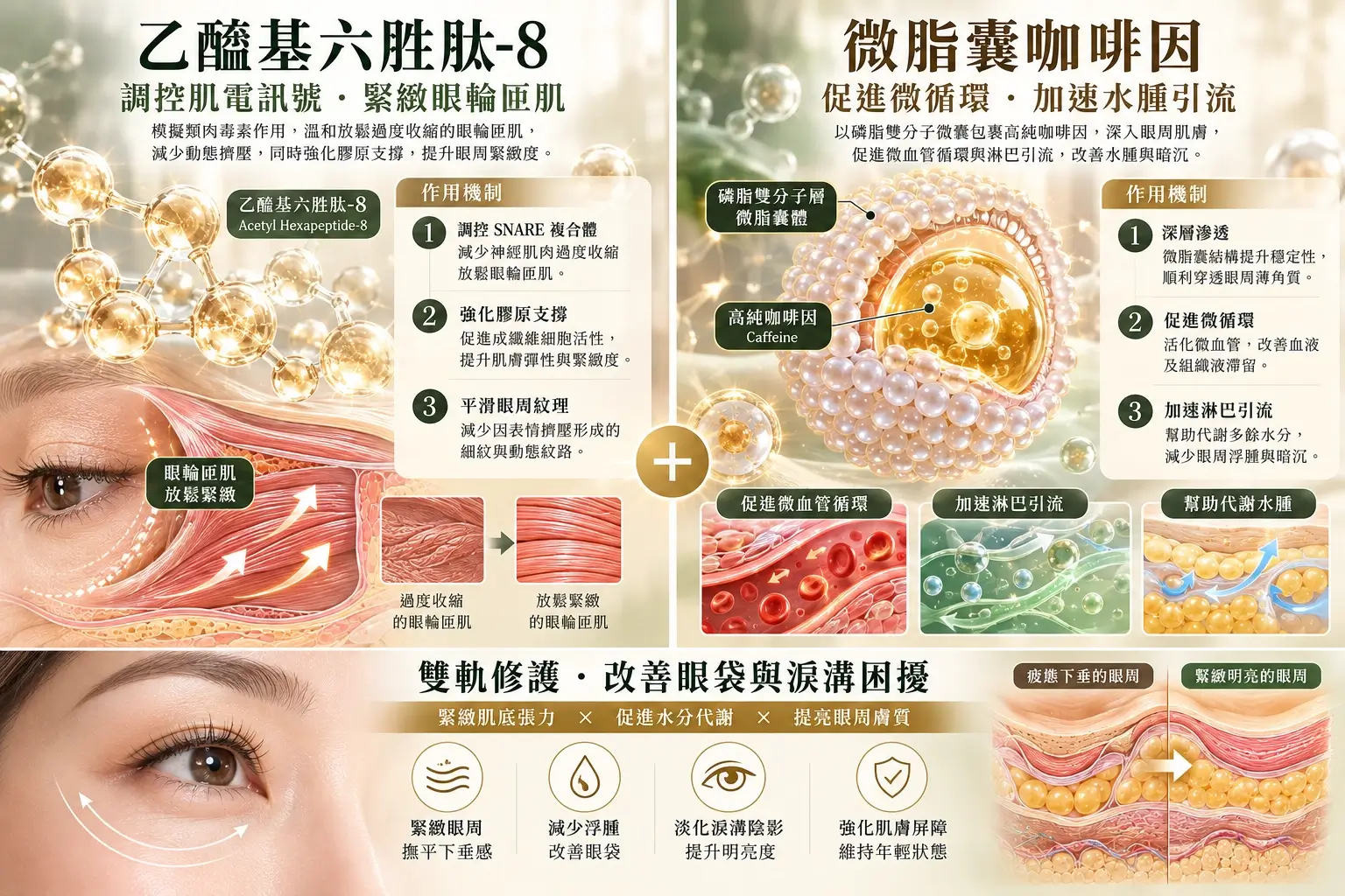 乙醯基六胜肽8、咖啡因以及眼周保養研究示意圖
