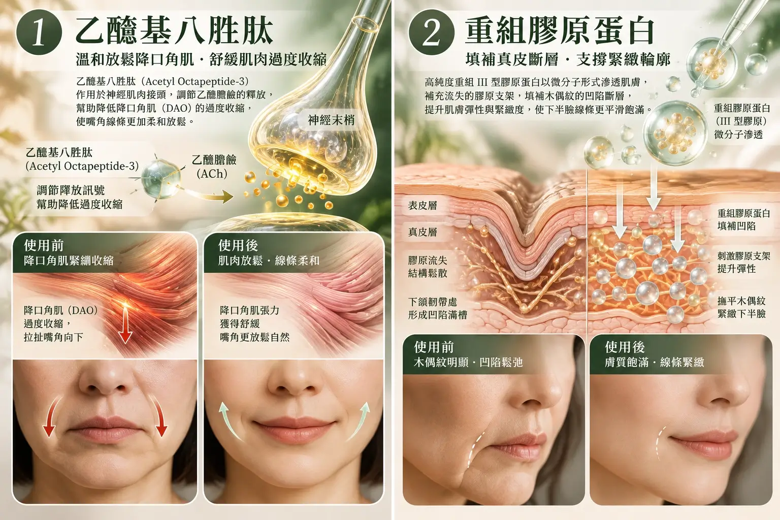 乙醯基八胜肽與保濕膠原成分的護膚研究示意圖