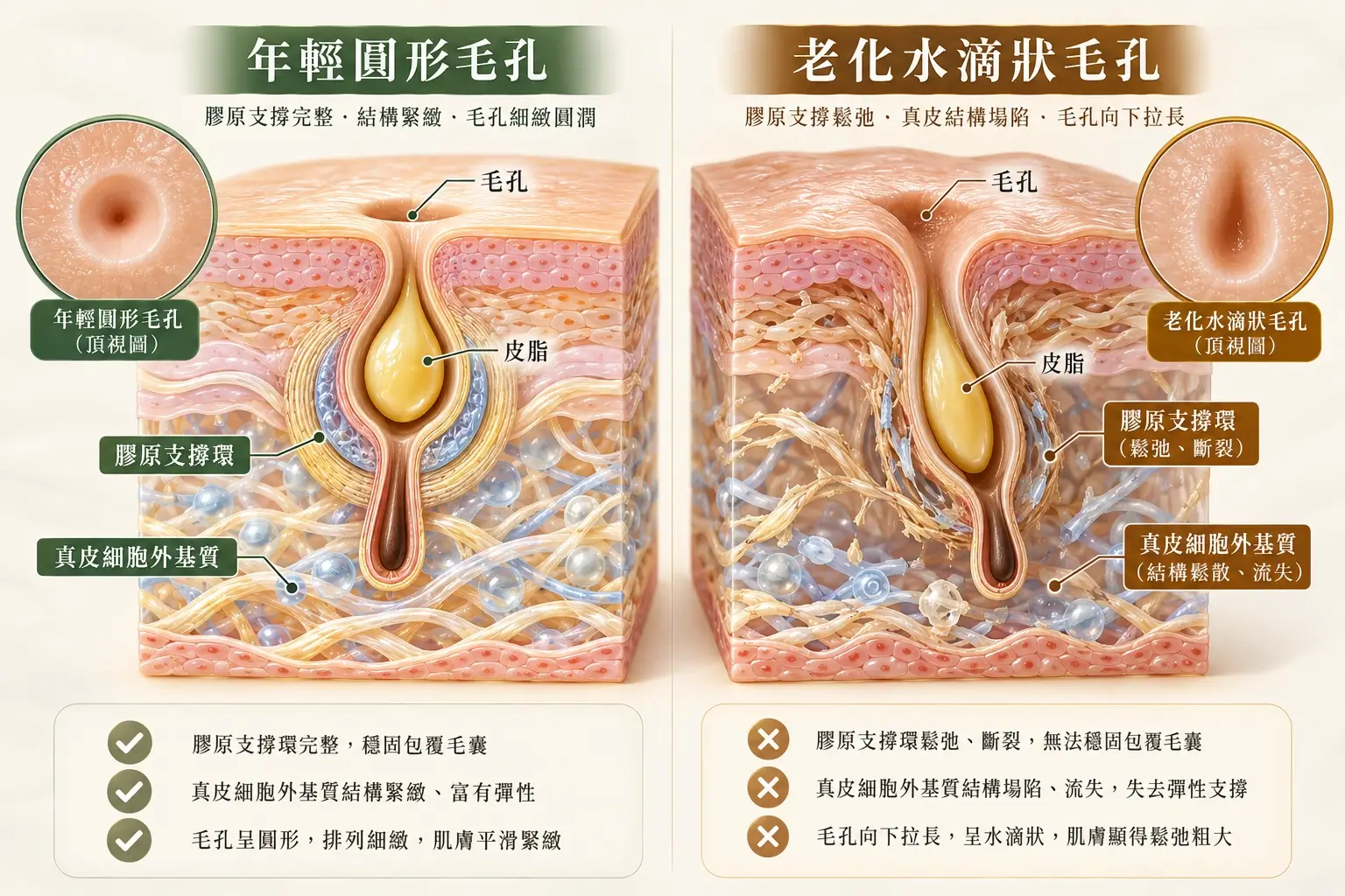 油脂相關圓形毛孔與熟齡拉長毛孔的概念剖面對照