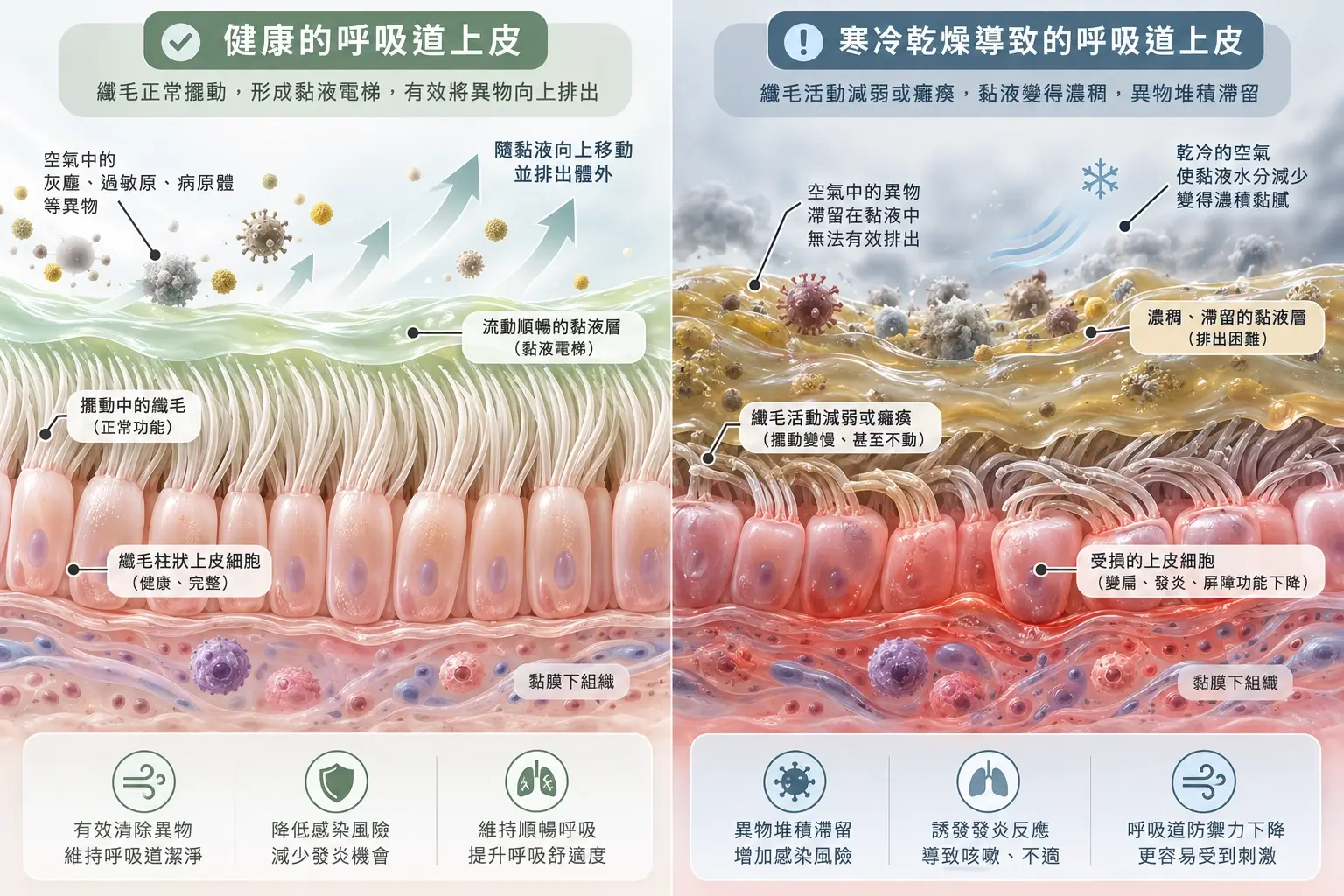 內文圖 01｜健康與受刺激的呼吸道纖毛