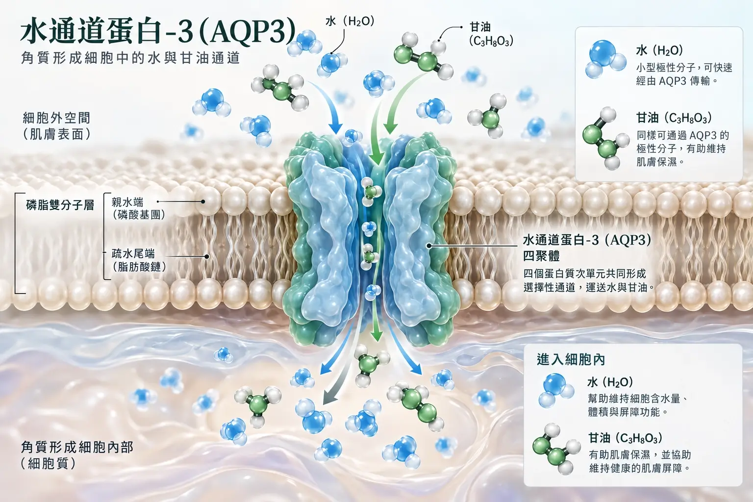 內文圖 01｜AQP3 水與甘油跨膜運輸示意