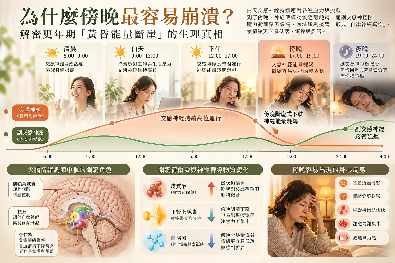 自律神經中的交感與副交感系統示意，呈現日常警覺與放鬆狀態的調節