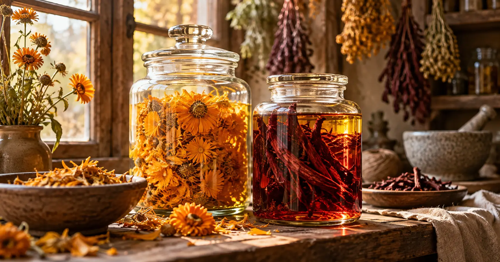 金盞花與紫草根的草本浸泡油手作意象
