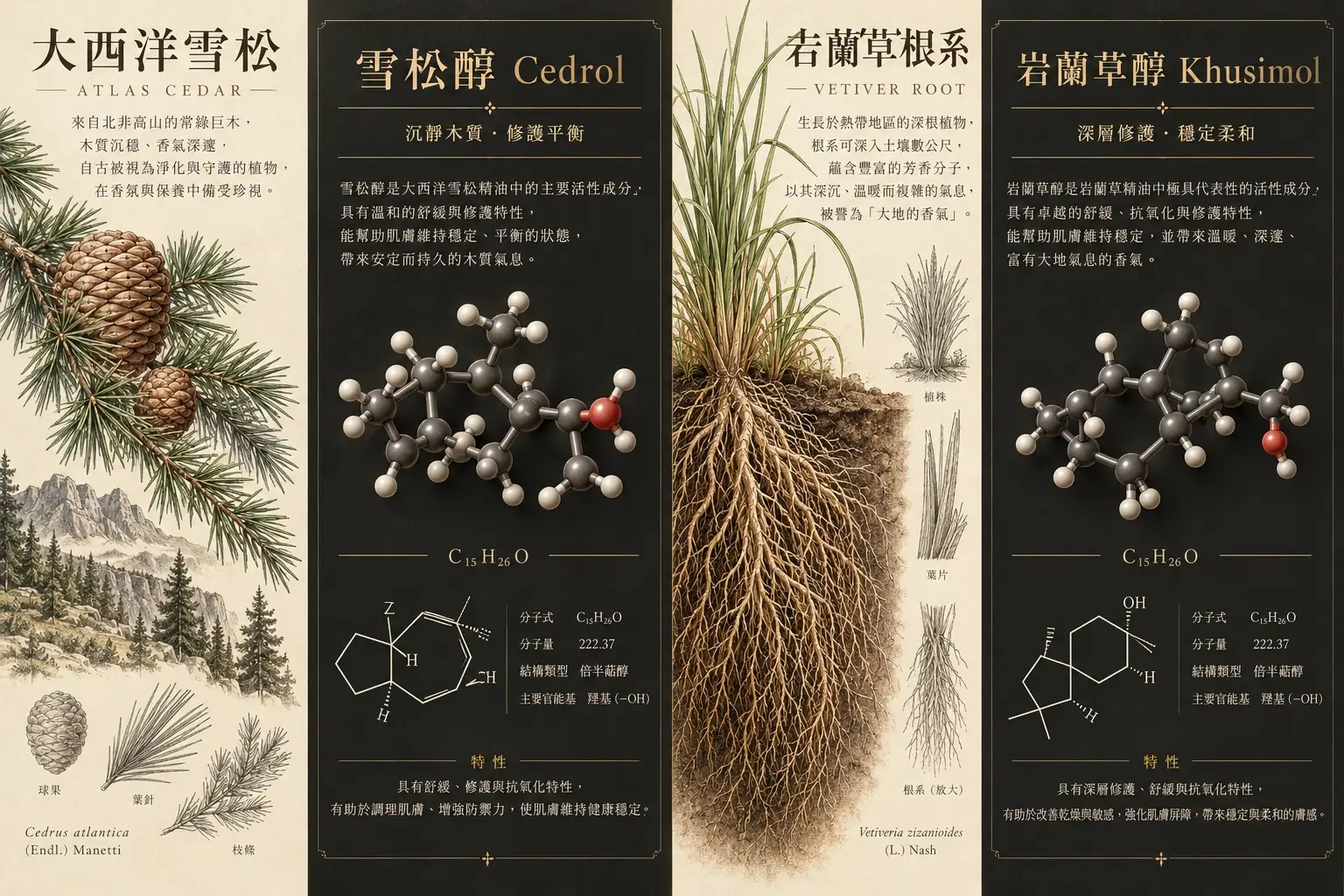 大西洋雪松、岩蘭草與代表性芳香成分示意圖