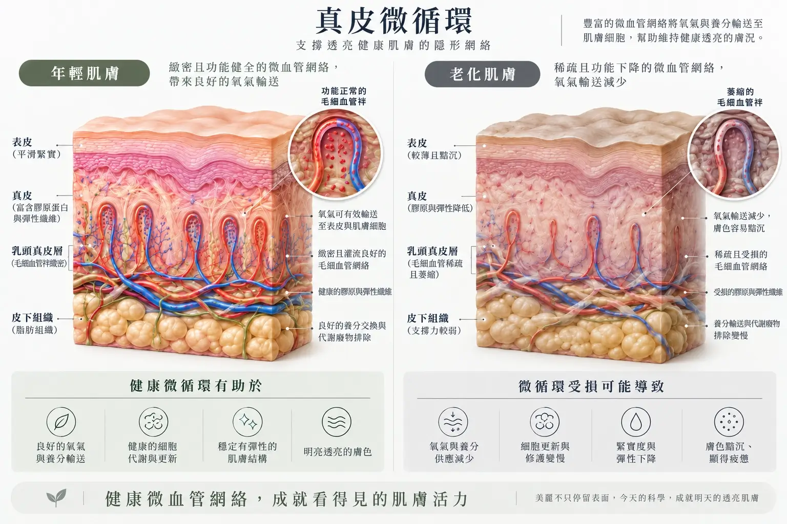 皮膚微血管與細胞氧氣供應、粒線體能量研究示意圖