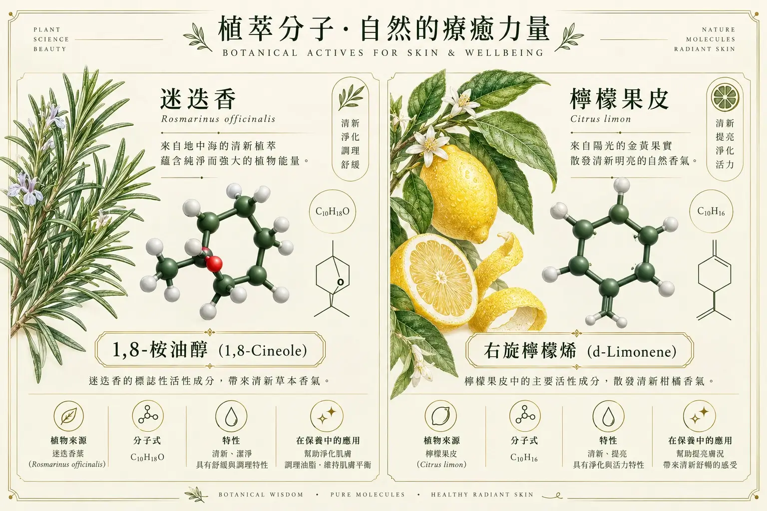 迷迭香1,8-桉油醇與檸檬右旋檸檬烯植物化學示意圖