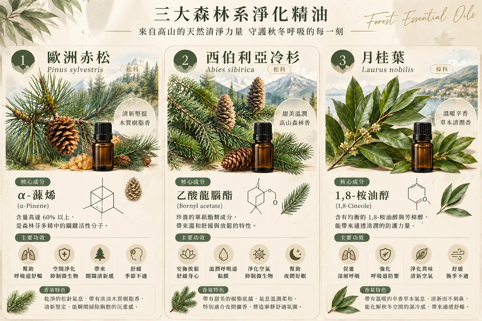 歐洲赤松、西伯利亞冷杉和月桂葉的植物外觀與主要香氣分子示意