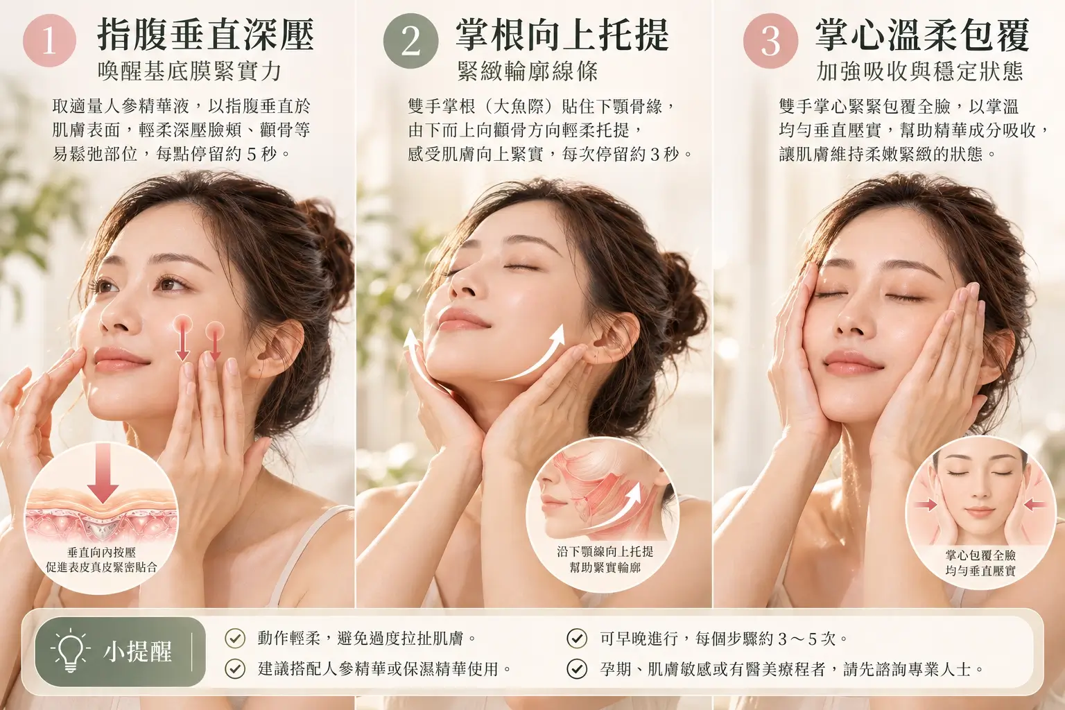 三格繁體中文圖解，展示指腹點塗精華、輕柔鋪展與掌心輕覆保濕的步驟