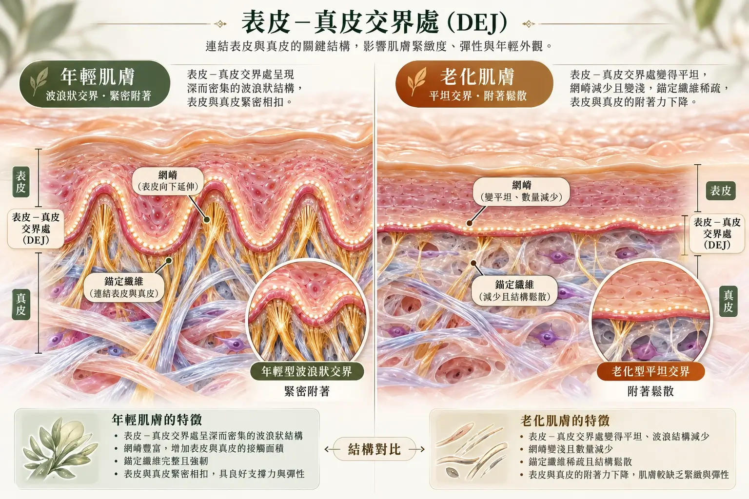 年輕皮膚的波浪狀表皮真皮交界處與熟齡皮膚較平坦交界面之示意圖