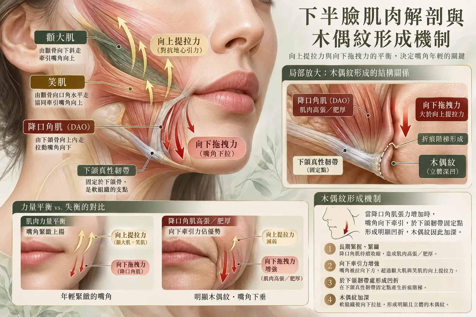 降口角肌與木偶紋形成的面部解剖示意圖