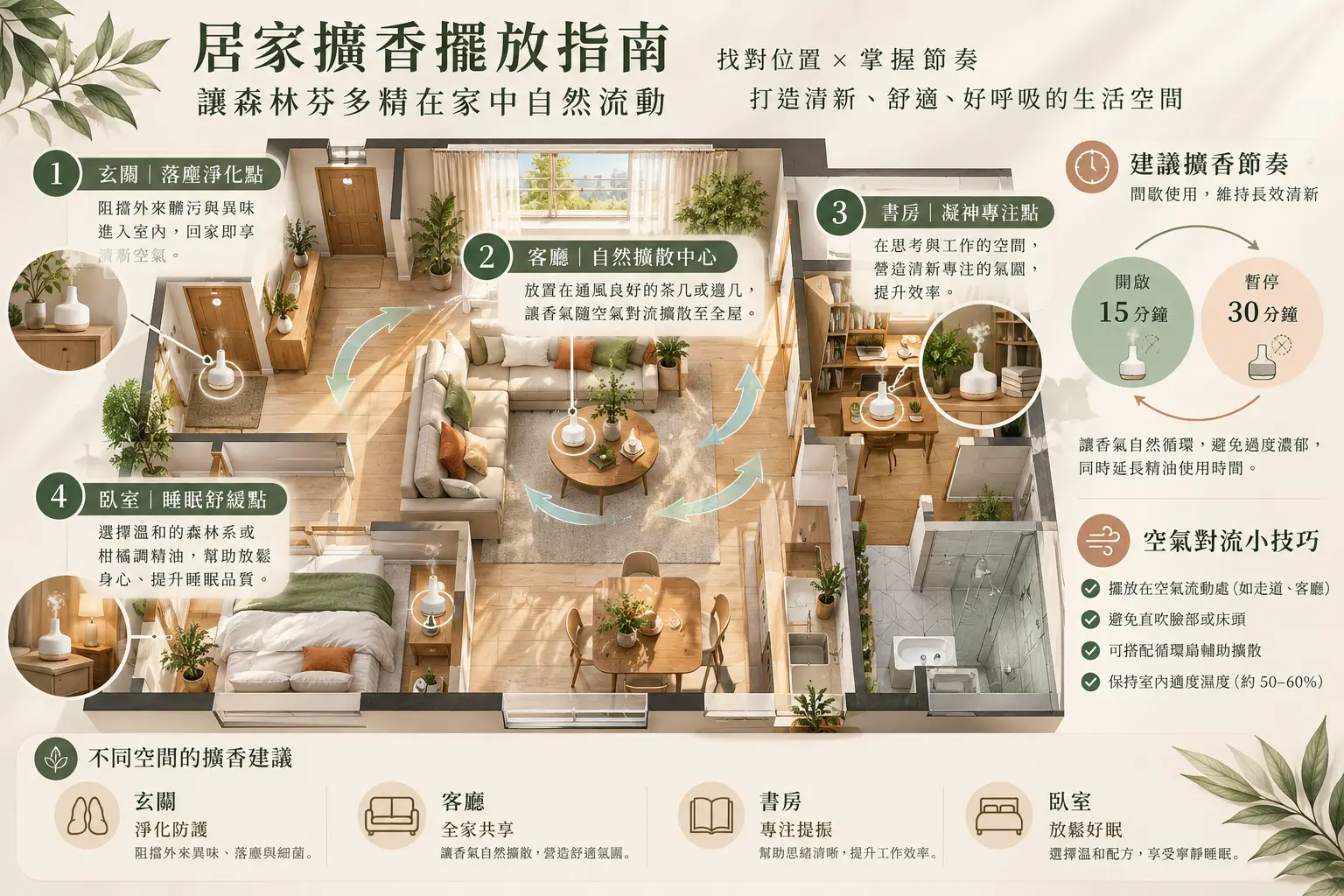 居家擴香器的穩固擺放、通風方向與避免直吹人體的示意圖