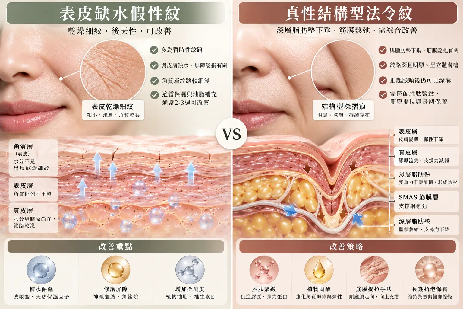 表層乾燥細紋與鼻唇溝結構性摺痕之肌膚示意比較