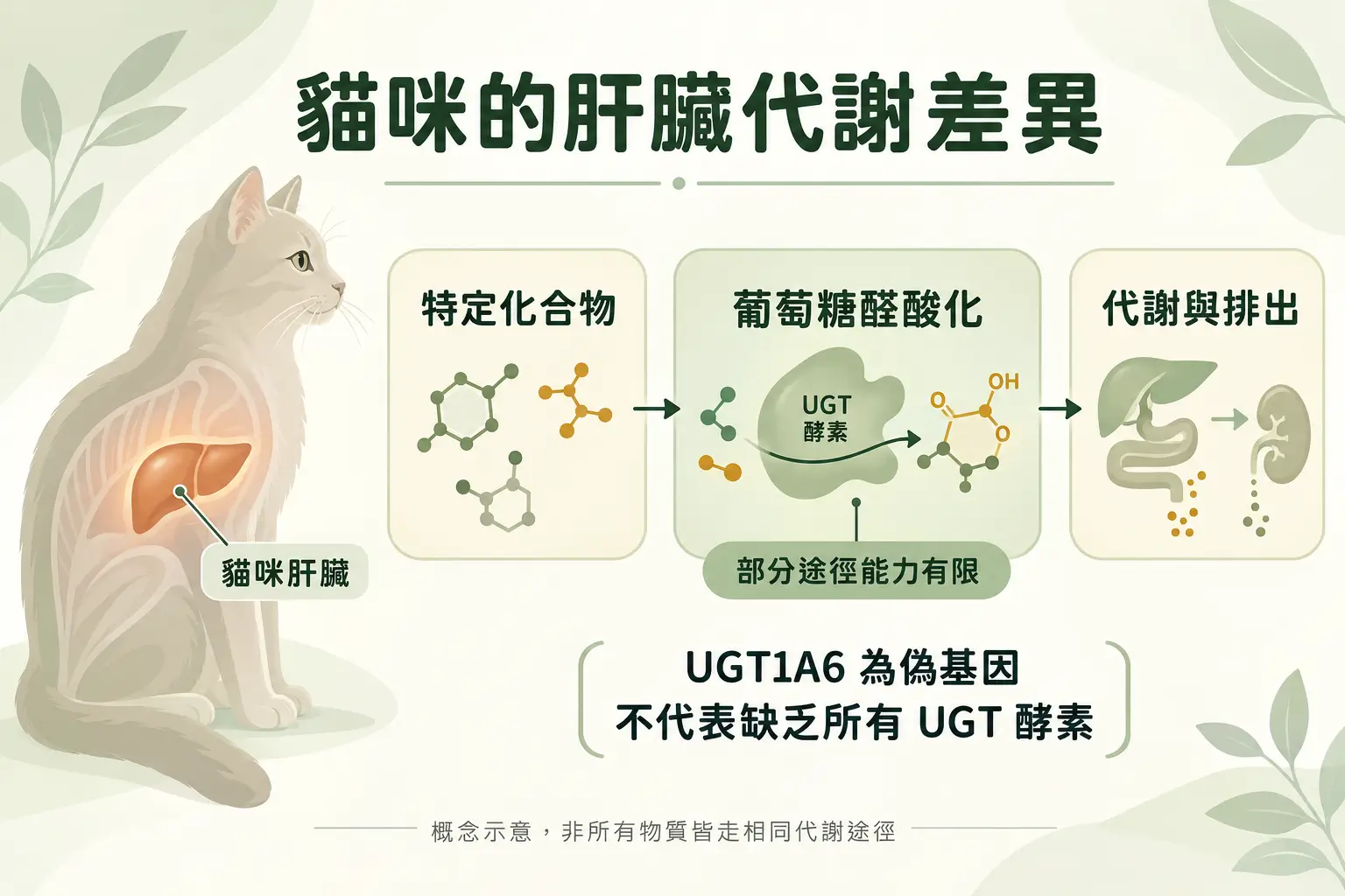 貓狗精油吸入、皮膚接觸與舔食途徑，搭配肝臟代謝差異的概念圖