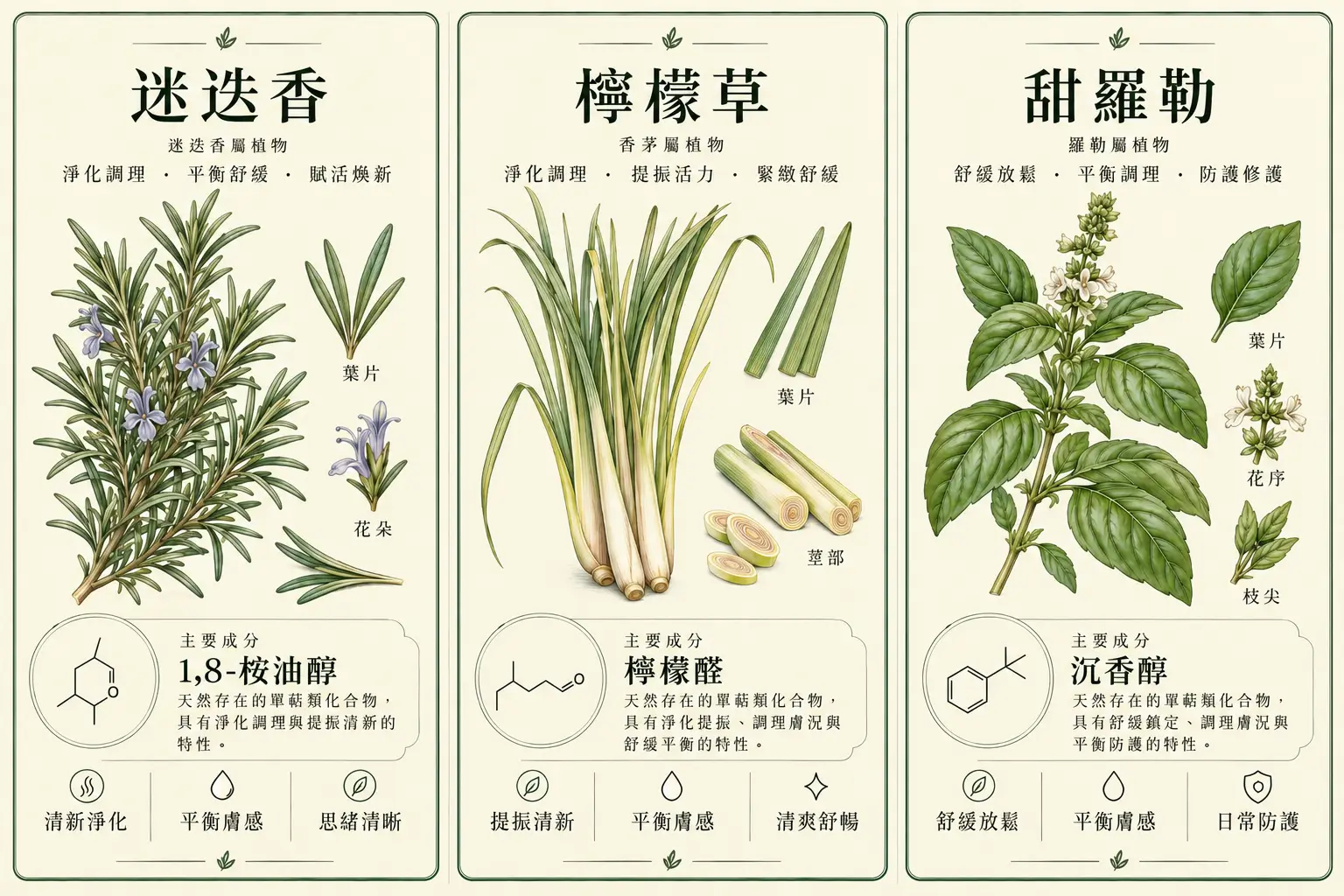 迷迭香檸檬草與沉香醇羅勒三種植物及主要香氣成分的圖卡