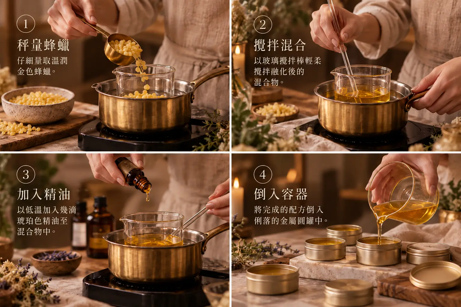 手作香膏稱量隔水融化、離火量測降溫、加入已稱量混香與灌裝冷卻四步流程
