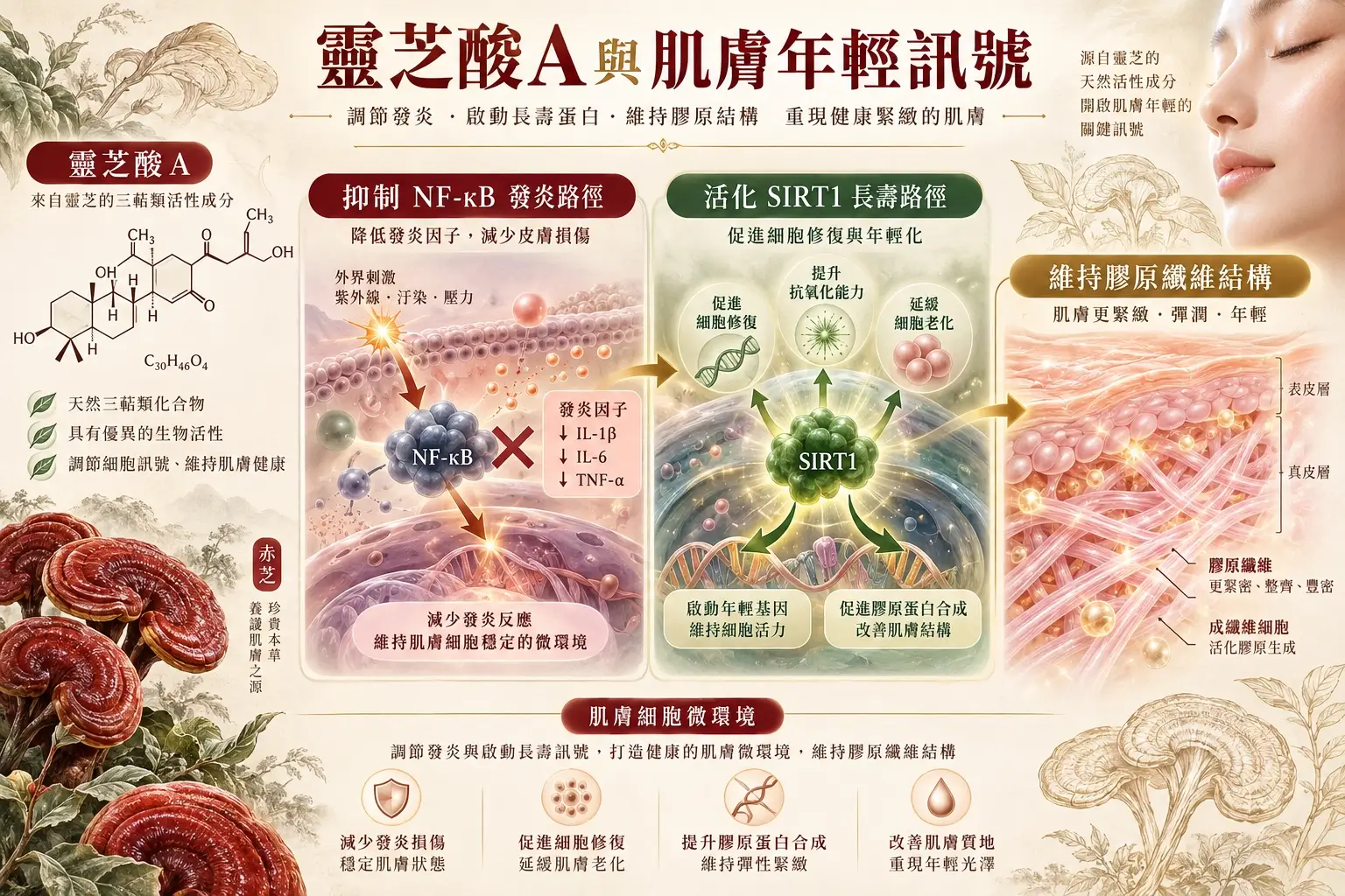 靈芝酸分子、NF-κB 和 SIRT1 細胞研究途徑及膠原網絡的概念圖