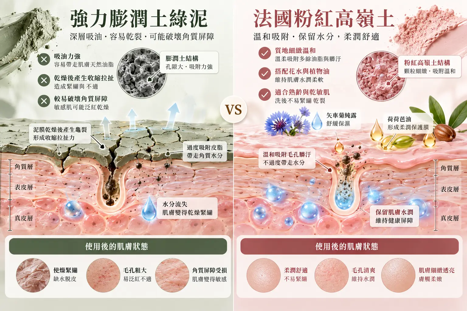較乾燥的泥膜與柔潤粉紅高嶺土配方之膚表狀態對照示意