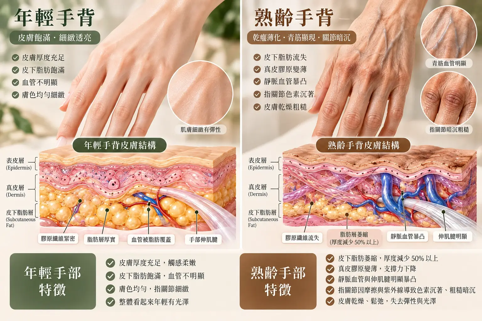 年輕與熟齡手背皮下脂肪、靜脈可見度及角質層對比示意圖