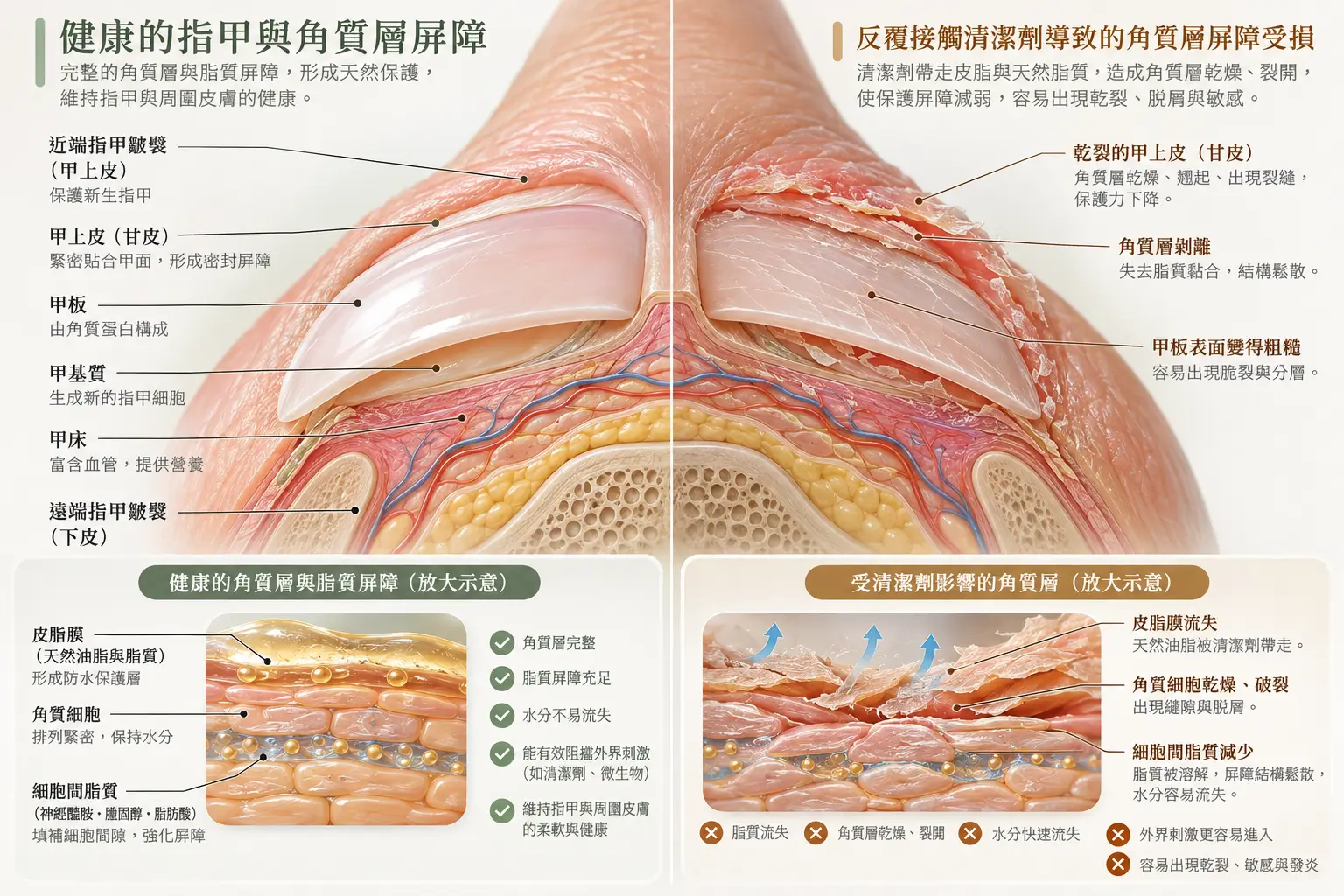 內文圖 01｜甲褶微觀構造與洗滌後乾燥示意