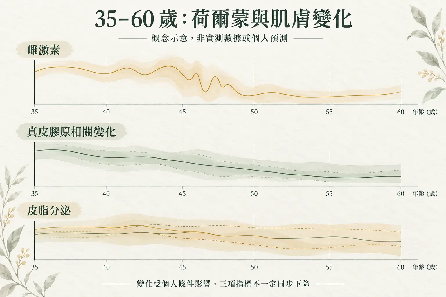 更年期前後荷爾蒙、乾燥與皮膚結構可能變化的概念資訊圖