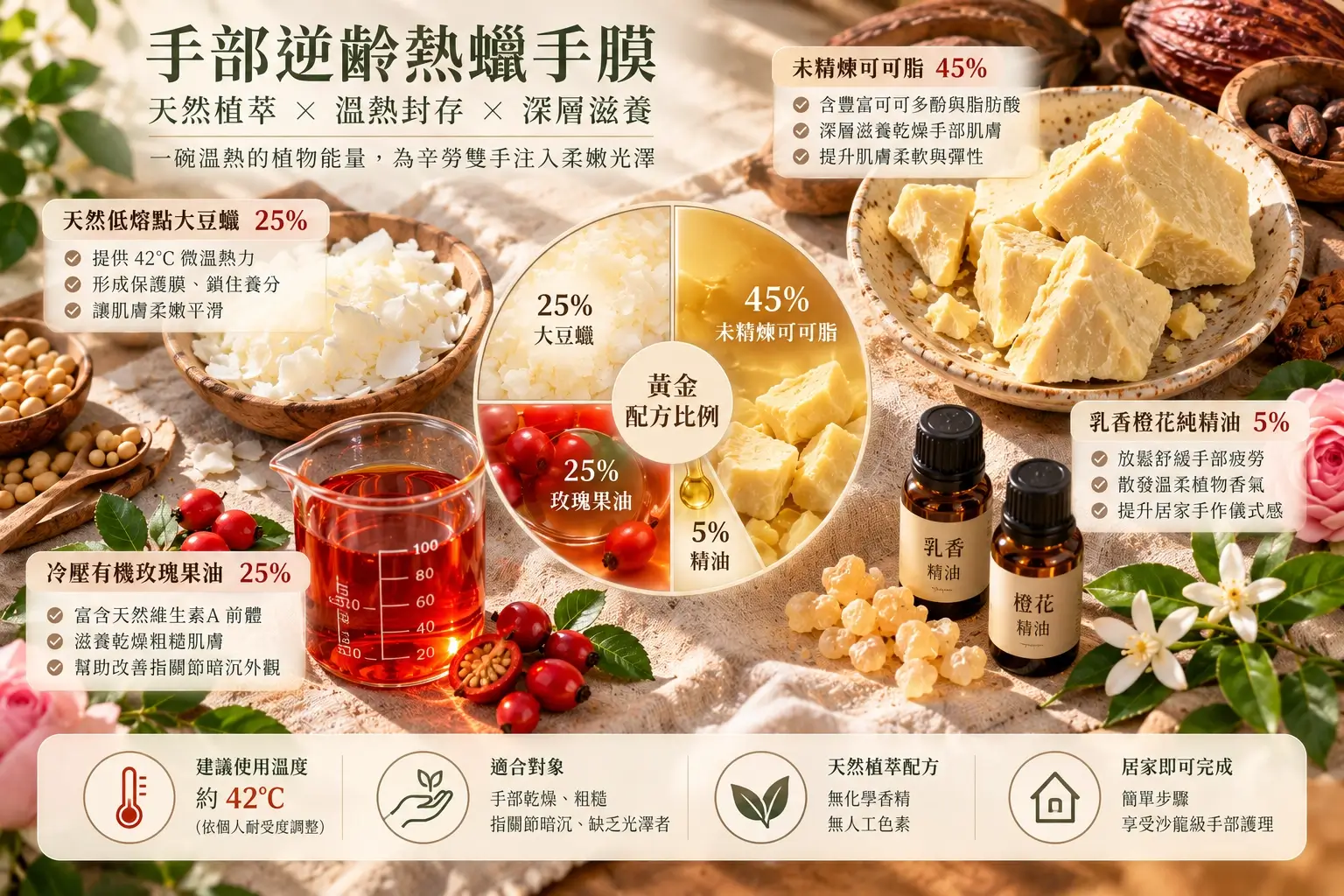未精煉可可脂、冷壓玫瑰果油、荷荷芭油與天然蠟片的手作原料平鋪