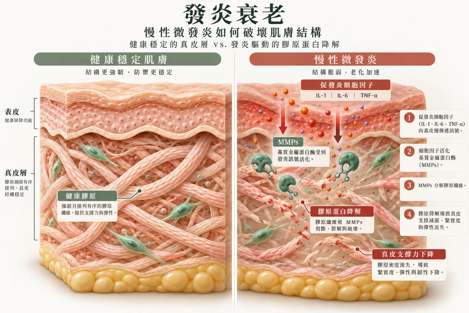發炎相關訊號、MMP 與膠原纖維關係的科學示意