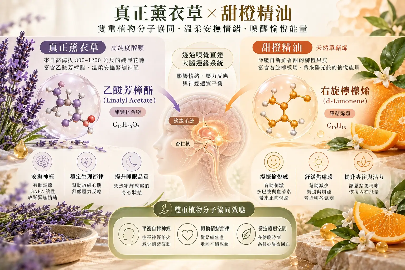 真正薰衣草花穗與甜橙果皮，以及乙酸芳樟酯和右旋檸檬烯的植物化學示意