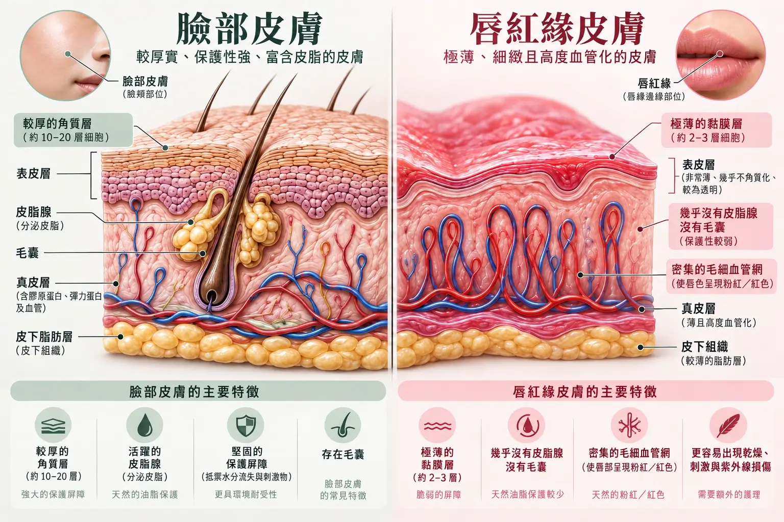 一般面部皮膚與紅唇區屏障構造比較示意