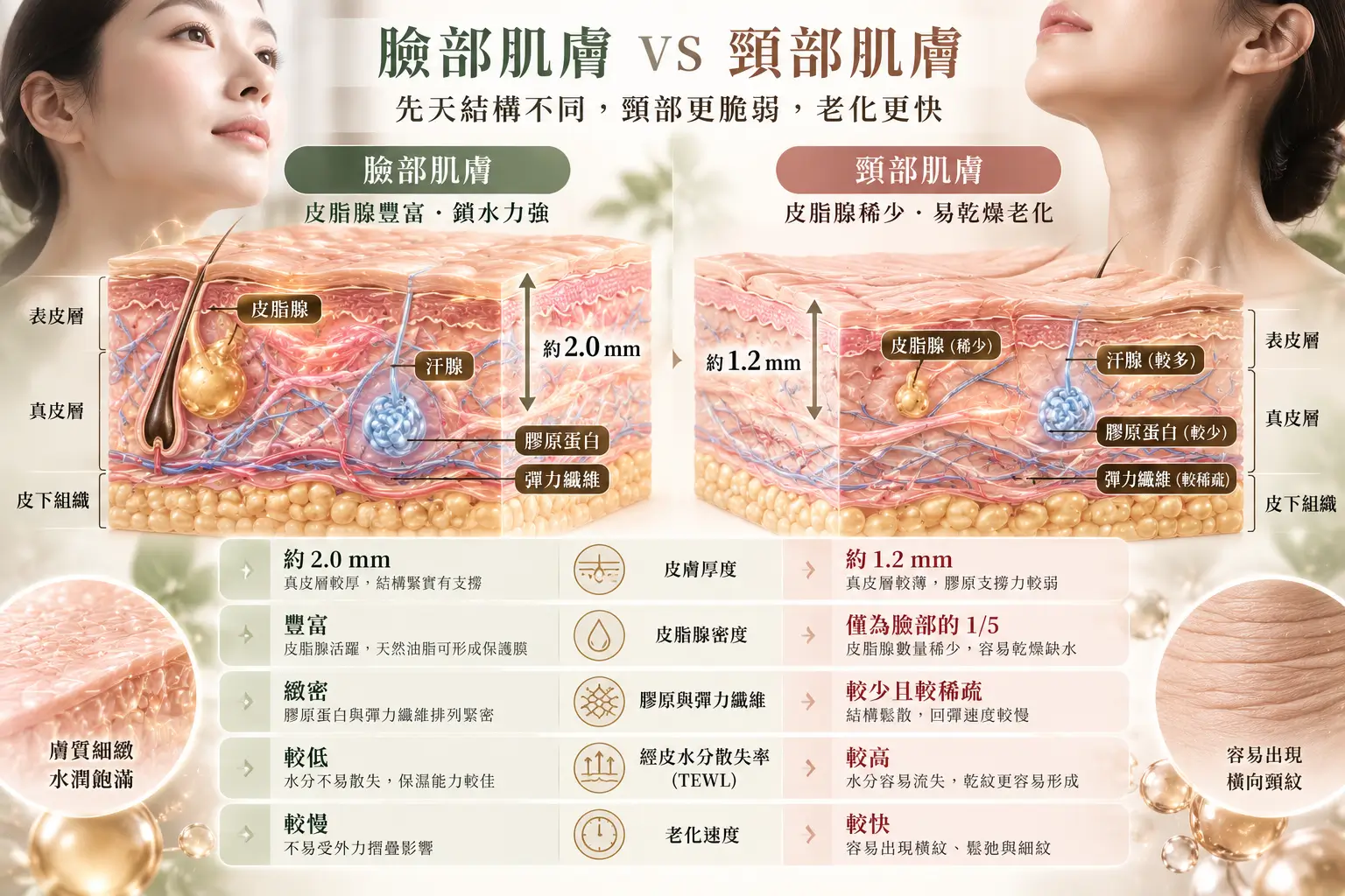 臉部與頸部皮膚結構示意比較，標示角質、真皮、皮脂腺與皮下組織