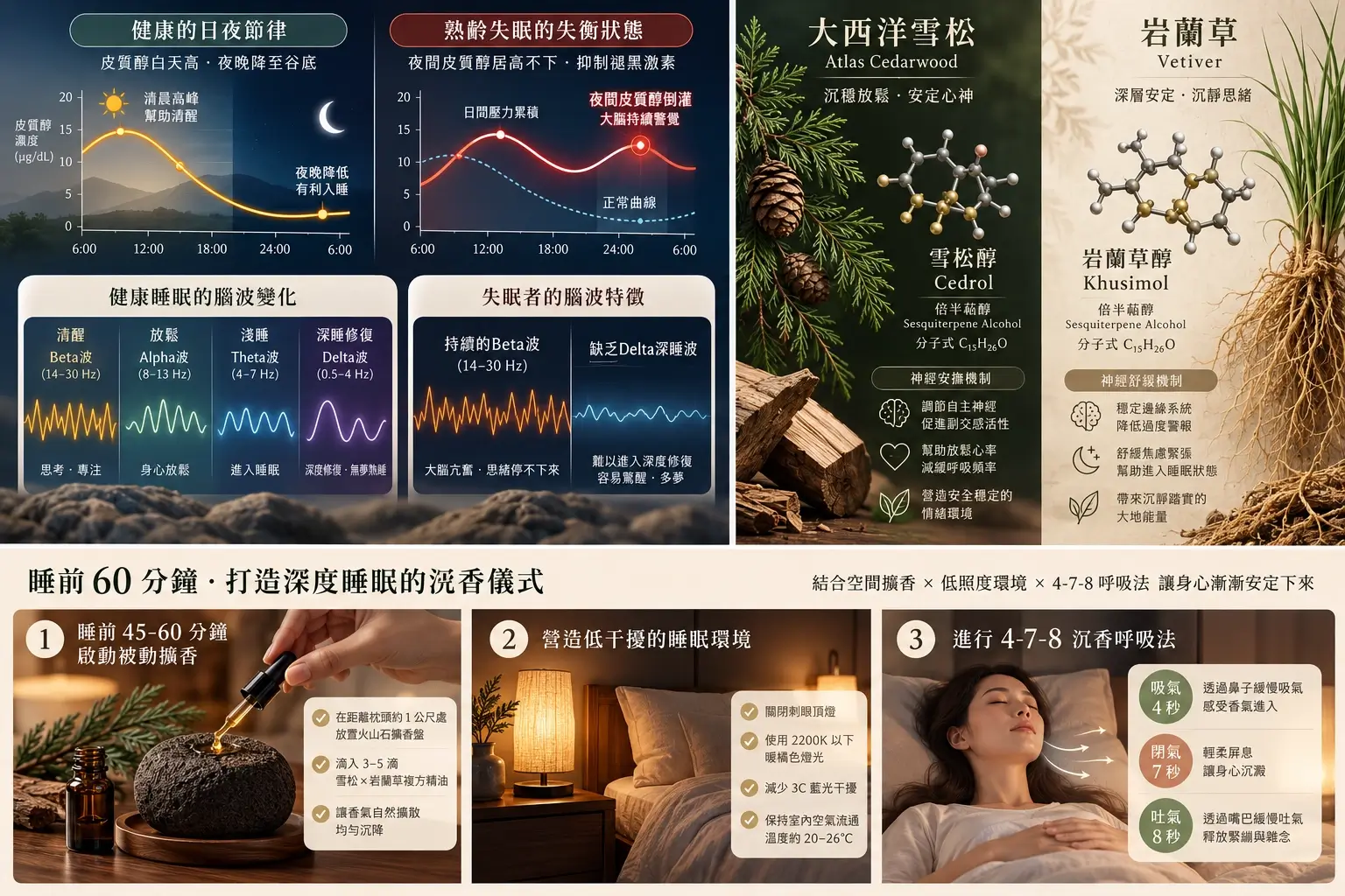 睡前臥室照明、擴香擺位與溫和呼吸示意圖