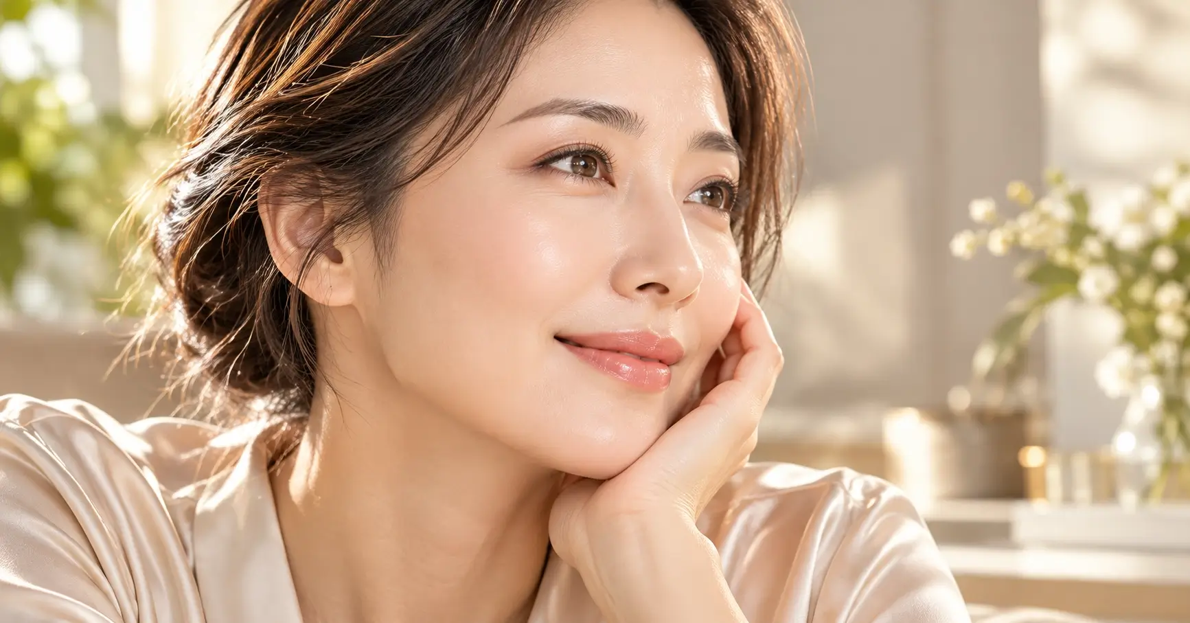 45歲亞洲女性明亮自然眼神與眼周肌膚特寫