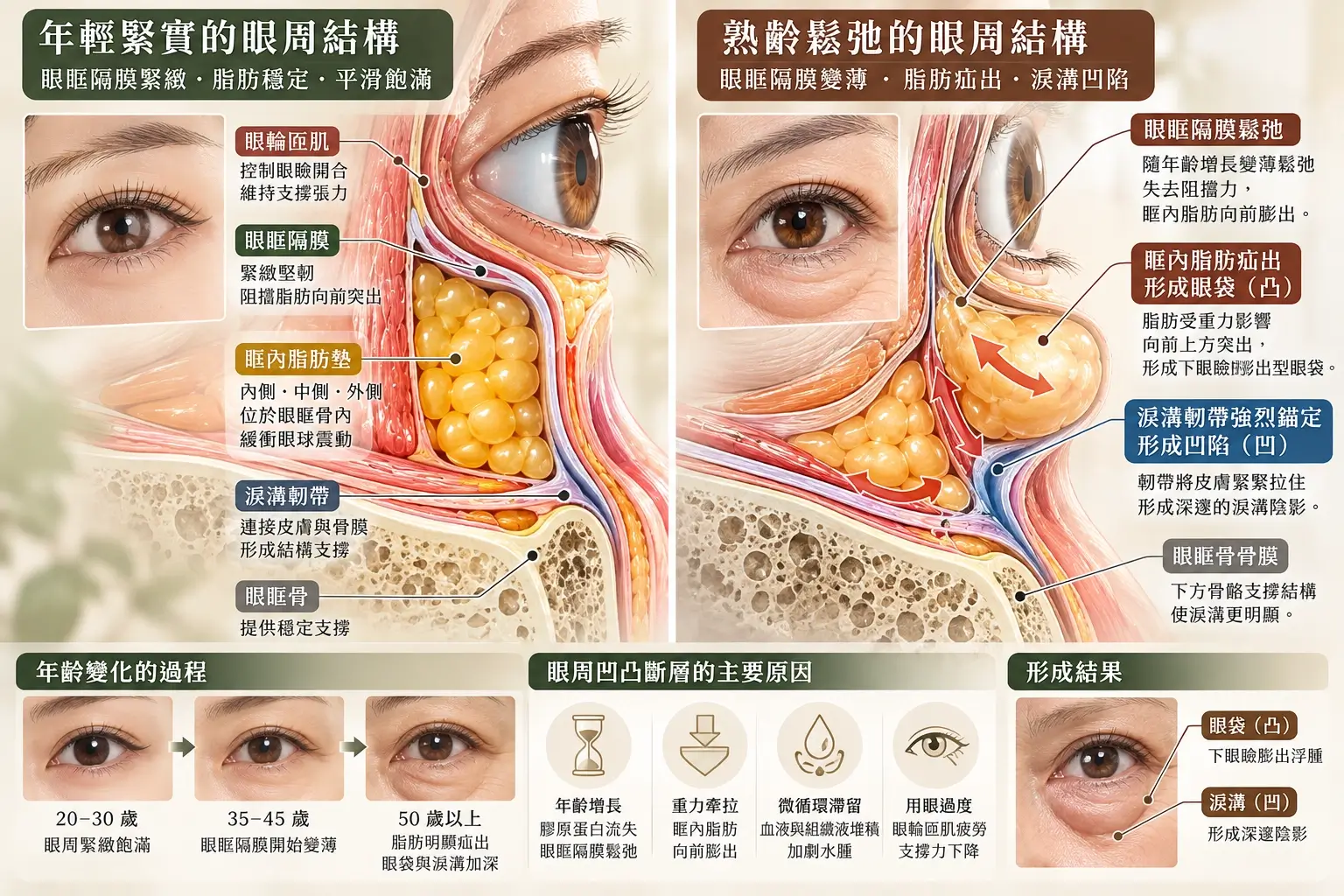 下眼瞼剖面比較：眼眶隔膜、眶內脂肪及淚溝韌帶的立體關係
