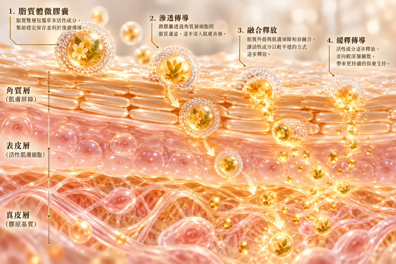 磷脂包覆植物活性物與皮膚角質層互動的概念性科學示意圖