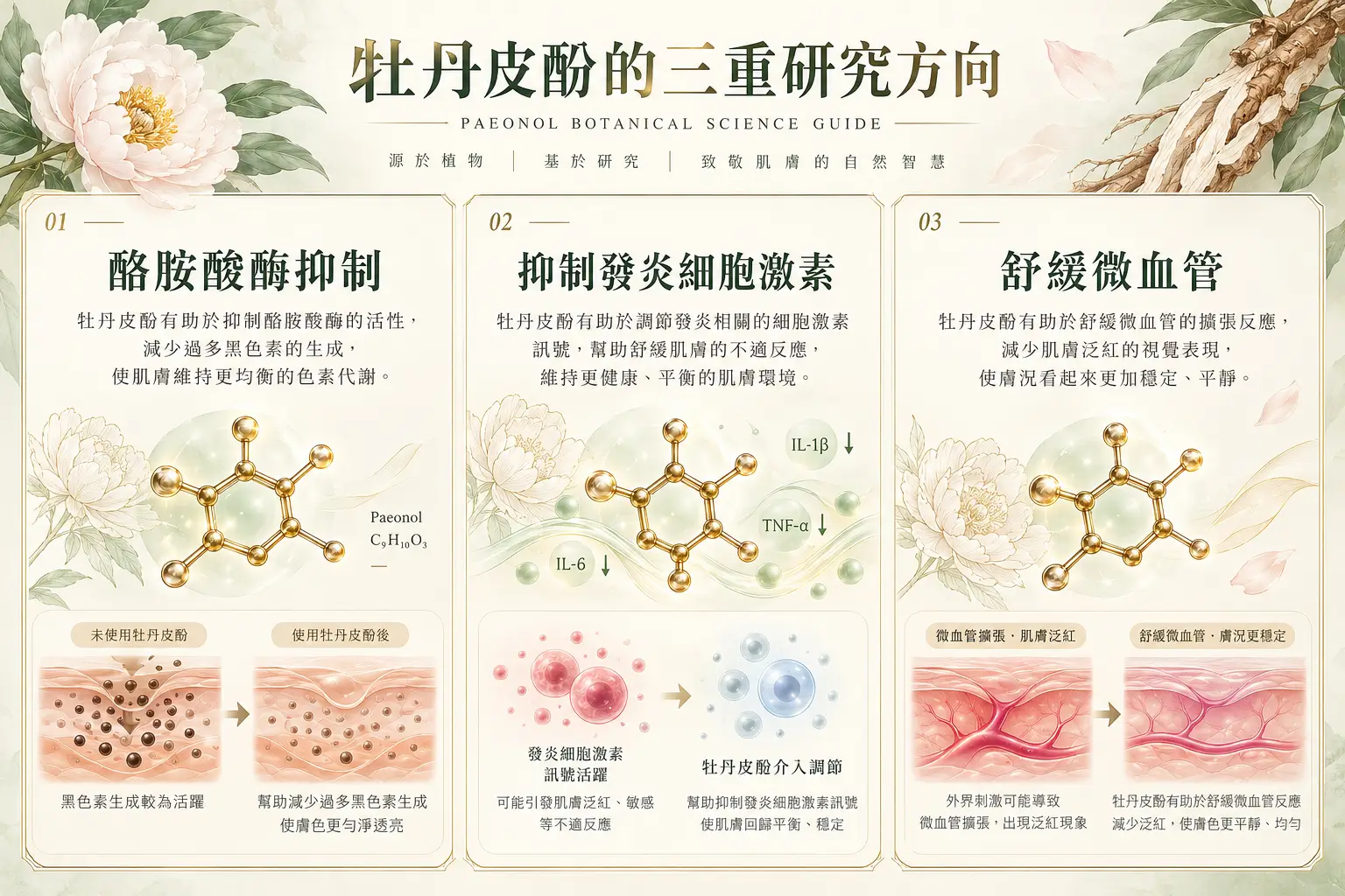牡丹皮酚分子模型與抗氧化發炎訊號色素研究方向三欄示意圖
