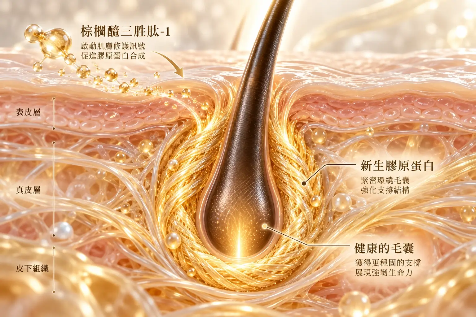 棕櫚醯三胜肽一與毛囊周圍膠原結構的概念示意