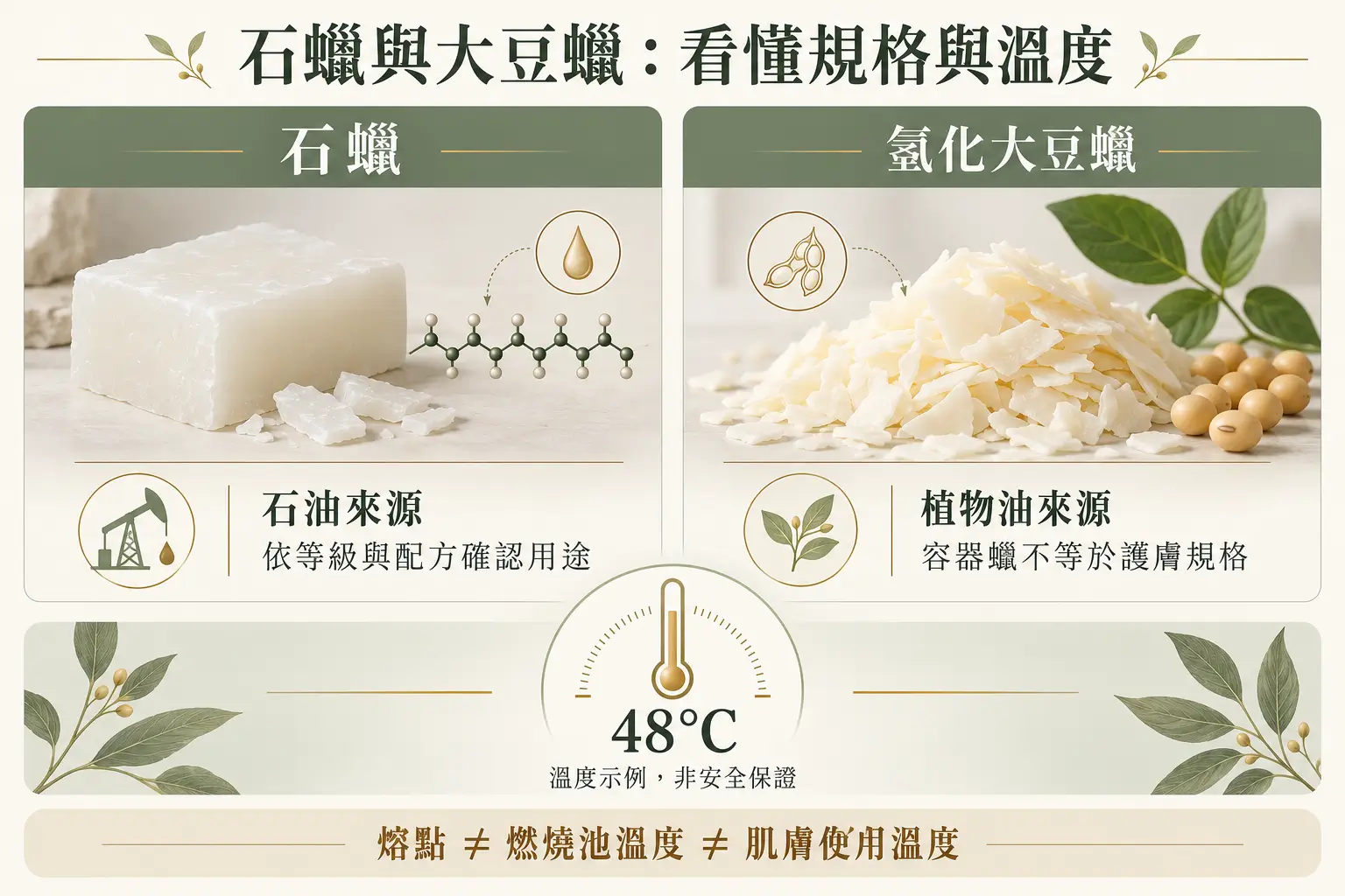 蠟材規格、肌膚用途與成品使用溫度三項需要分別確認的資訊圖