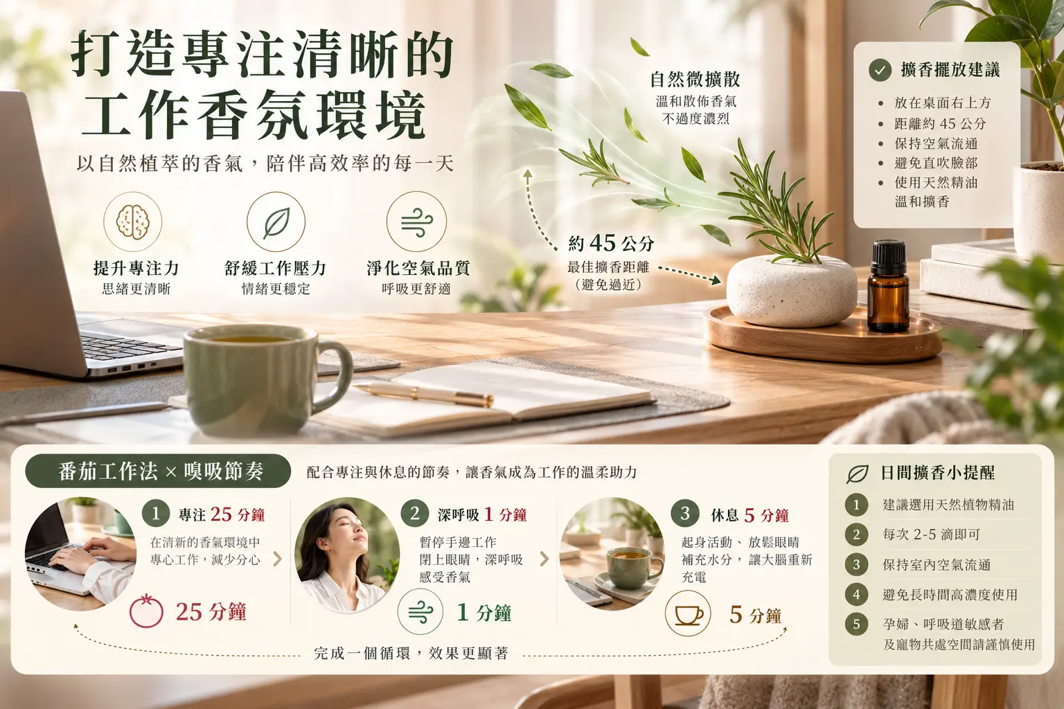 書桌擴香石搭配番茄鐘工作法與通風安全距離的示意圖