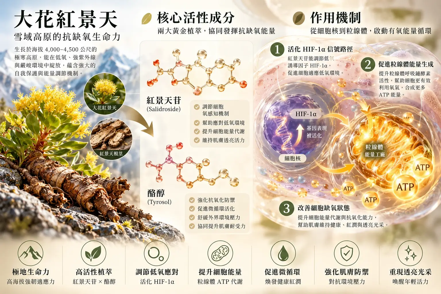 紅景天苷與 HIF-1α、粒線體 ATP 路徑研究示意圖