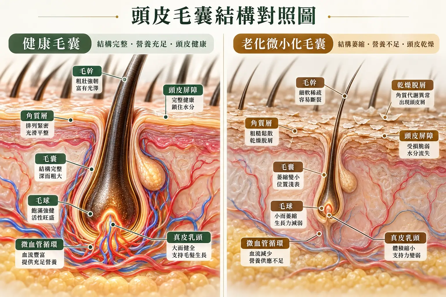 健康頭皮毛囊與毛髮變細及角質落屑的示意剖面圖