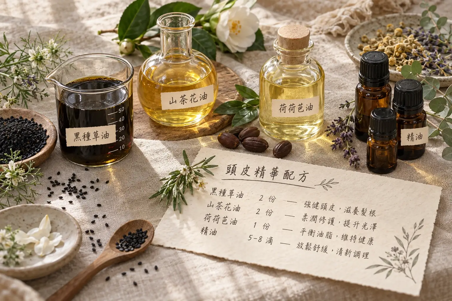 黑種草油、山茶花籽油、荷荷芭油與雪松植物素材的靜物資訊圖