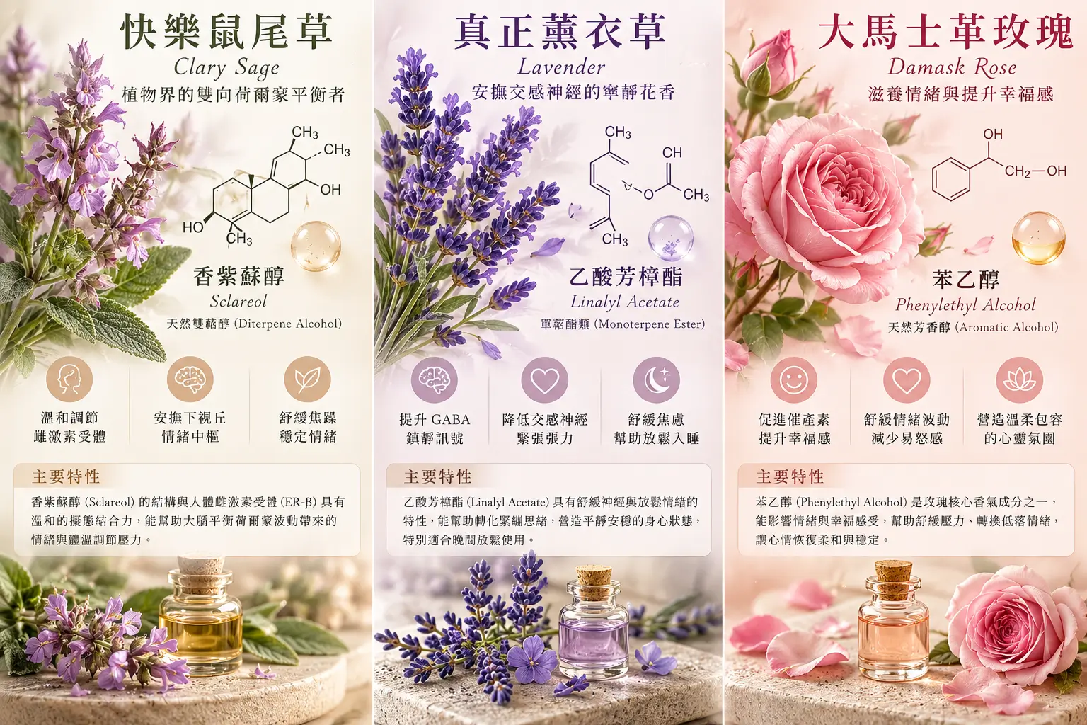 快樂鼠尾草、薰衣草與大馬士革玫瑰的植物芳香成分示意