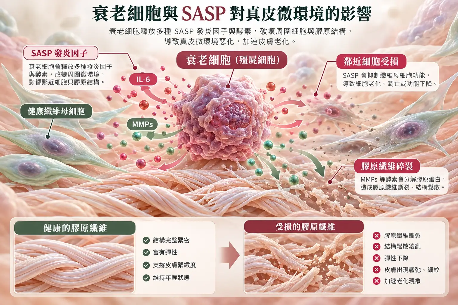 衰老細胞釋出 SASP 相關訊號與鄰近成纖維細胞和膠原纖維的科普示意圖