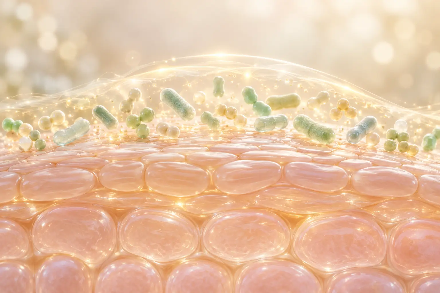 肌膚表面多樣微生物與柔和光暈構成的微生態平衡抽象3D示意圖
