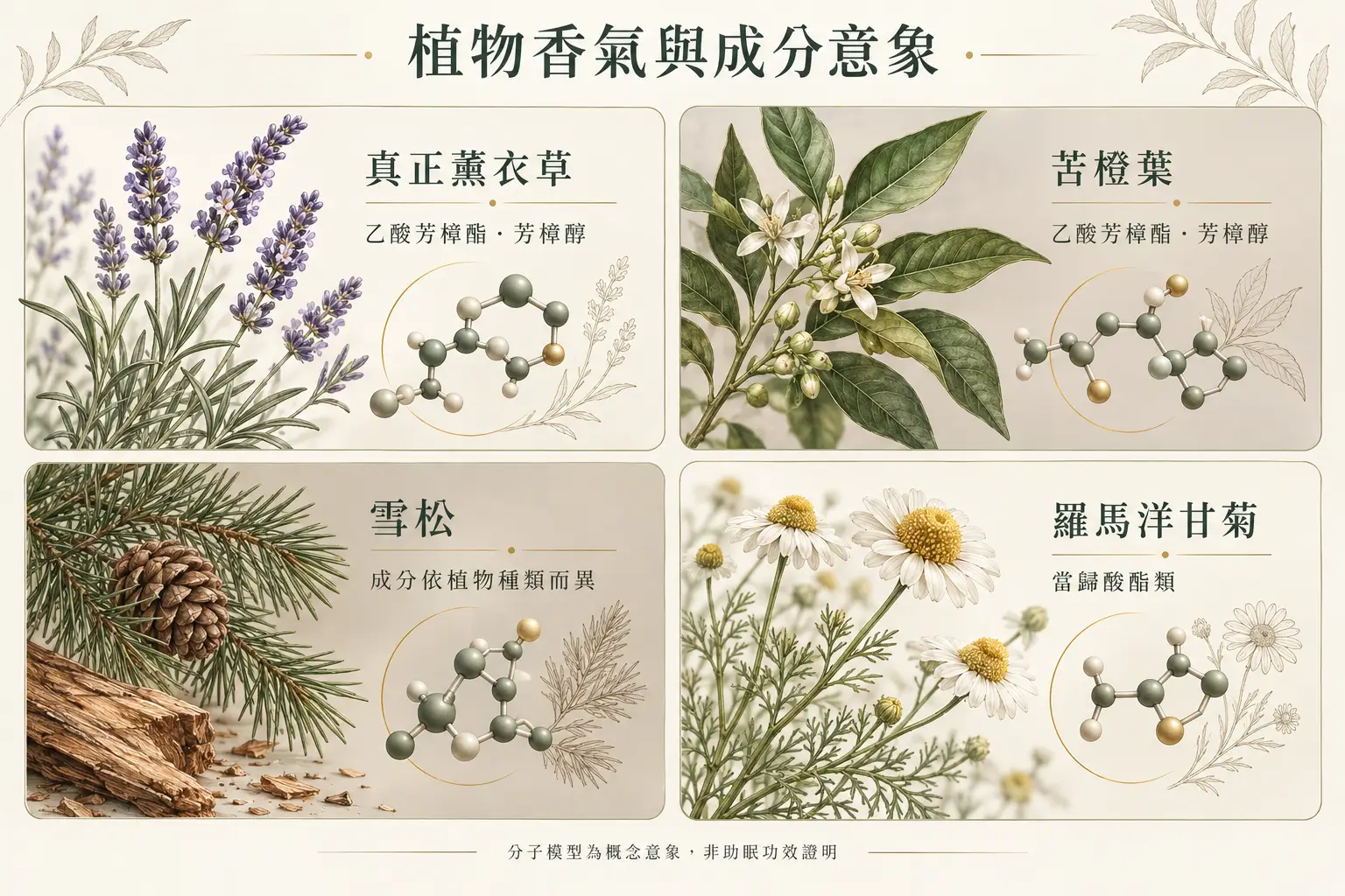 薰衣草、苦橙葉、雪松與洋甘菊搭配成分類別的植物科研意象圖