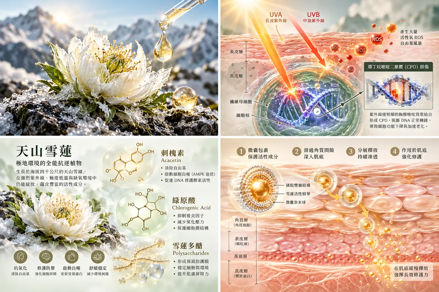 脂質雙層微囊包裹植物成分與角質層互動之示意圖