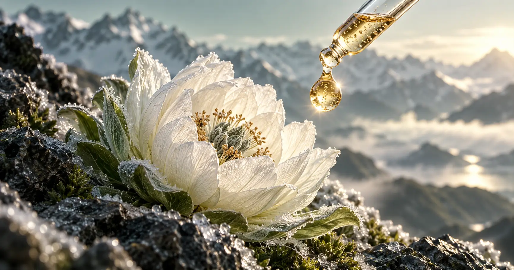 高山岩石上的雪蓮植物與玻璃滴管，呈現植物細胞培養與保養配方概念