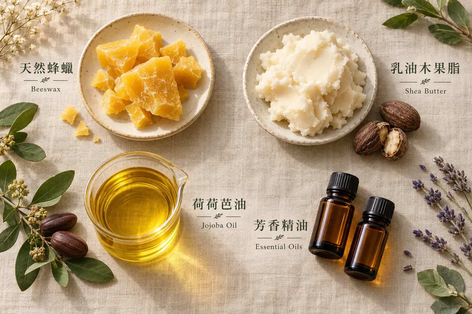 蜂蠟、乳油木果脂、荷荷芭油與精油瓶的配方角色示意