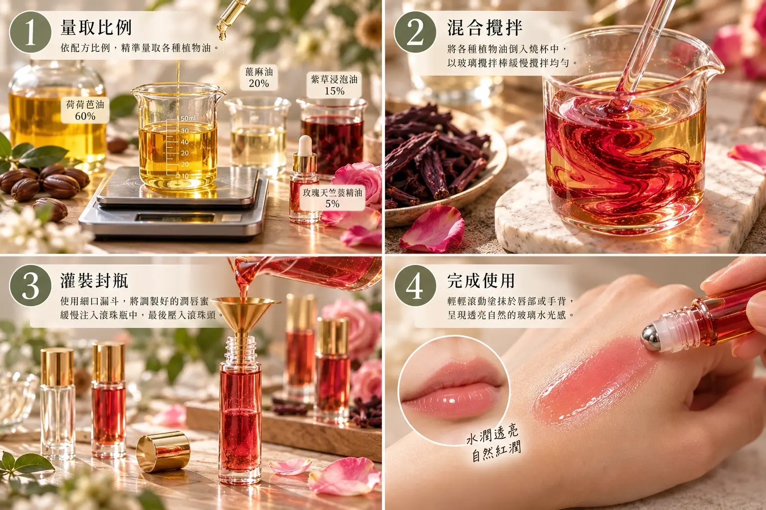 天然潤唇油秤量混合裝瓶的手作三步驟